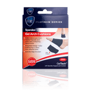 Platinum Series Spandex Gel Arch Cushion for Collapsing Arches. The image shows the mostly blue and red box with pictures of feet demonstrating the product, highlighting its fit and support for collapsing arches.