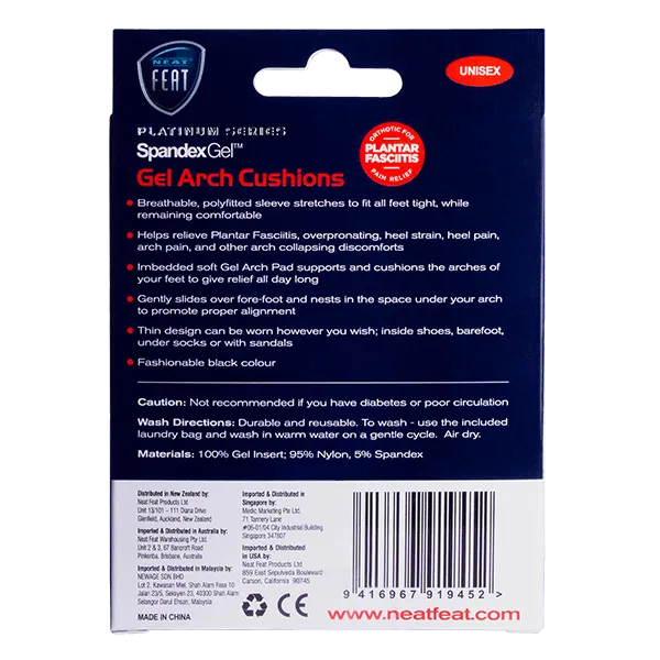 The back of the Platinum Series Spandex Gel Arch Cushion for Collapsing Arches box, mostly blue and white with predominantly white font, displaying product details and usage instructions in a clean, structured layout.