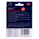 The back of the Platinum Series Spandex Gel Arch Cushion for Collapsing Arches box, mostly blue and white with predominantly white font, displaying product details and usage instructions in a clean, structured layout.