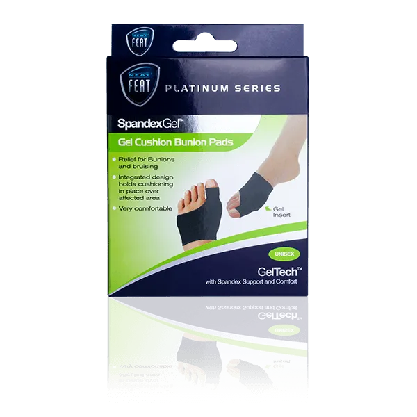 Platinum Series Spandex Gel Cushion Bunion Pads for Helping with Plantar Fasciitis. The front of the mostly blue and green box features an image of feet demonstrating the fit of the product, highlighting its supportive and cushioning design.