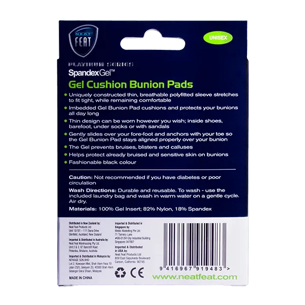 The back of the Platinum Series Spandex Gel Cushion Bunion Pads box, mostly blue and white with predominantly white font, displaying product details and usage information in a clean, organised layout.