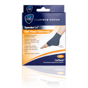 Platinum Series Spandex Gel Heel Sleeve for Protecting the Achilles Tendon. The front of the mostly blue and orange box features an image of a foot demonstrating the fit of the sleeve, highlighting its protective and supportive design.