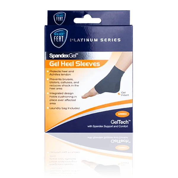 Platinum Series Spandex Gel Heel Sleeve for Protecting the Achilles Tendon. The front of the mostly blue and orange box features an image of a foot demonstrating the fit of the sleeve, highlighting its protective and supportive design.
