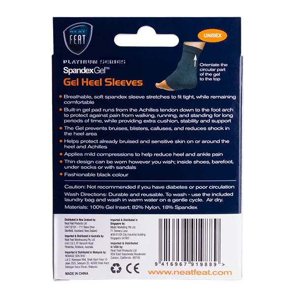 Platinum Series Spandex Gel Heel Sleeve box, mostly blue and white, featuring product branding and information in a clean, structured design.
