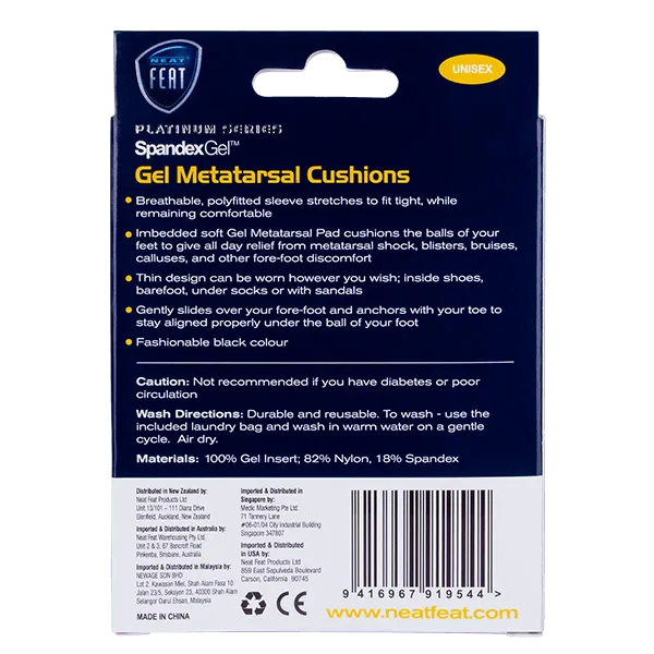 The back of the Platinum Series Spandex Gel Metatarsal Cushion box, mostly blue and white with white font, displaying product details and usage information in a clean layout.