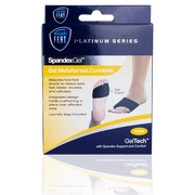 Platinum Series Spandex Gel Metatarsal Cushion for Sore Feet, Calluses, and Arthritis. The front of the mostly blue and yellow box features an image demonstrating the fit of the spandex cushion on a foot, highlighting its comfort and support benefits.