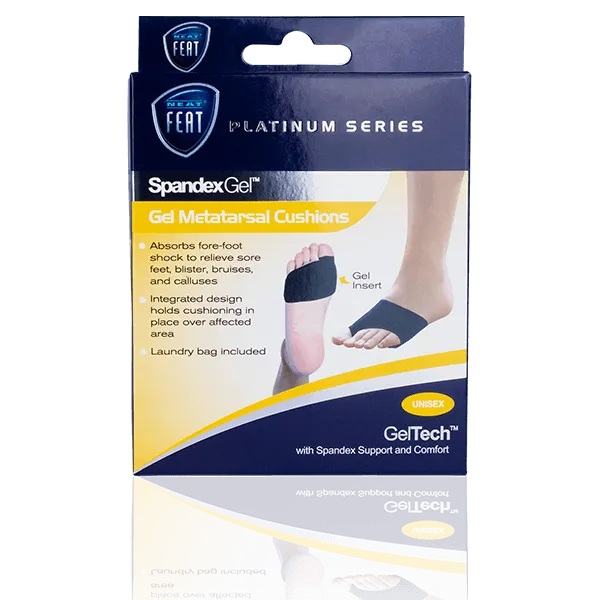 Platinum Series Spandex Gel Metatarsal Cushion for Sore Feet, Calluses, and Arthritis. The front of the mostly blue and yellow box features an image demonstrating the fit of the spandex cushion on a foot, highlighting its comfort and support benefits.