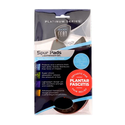 Platinum Series Spur Pads for Pressure Relief and Inflammation, displayed in mostly clear packaging with a blue label. The packaging highlights the product's design, showcasing its pressure relief and inflammation-reducing features.