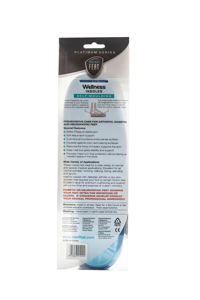 Platinum Series Wellness Self Moulding Insoles for Friction-Free Feet. The back of the box is mostly white with black font, displaying product details and information in a clean, minimalist design.