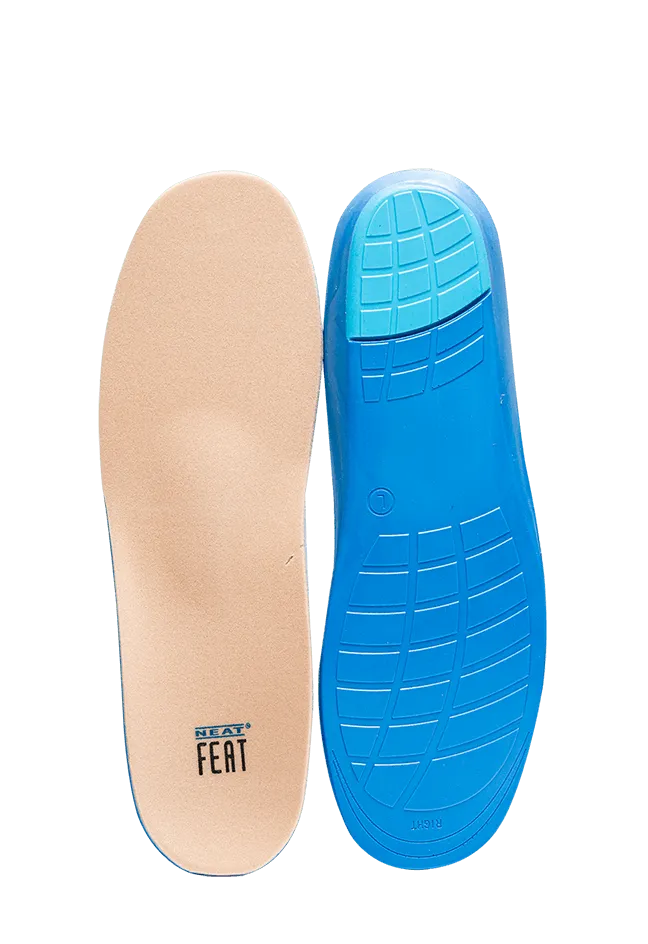Platinum Series Wellness Self Moulding Insoles for Friction-Free Feet. Both pairs are shown out of the box, with one flipped to display the blue underside of the insole. The insoles are a nude colour, showcasing their design and comfort features.
