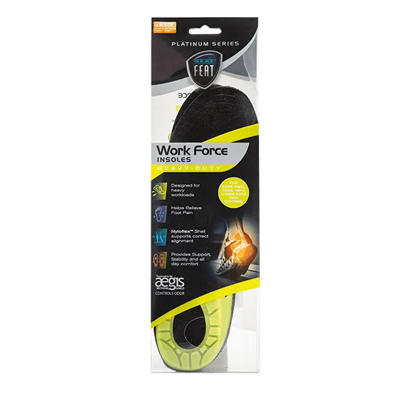 Platinum Series Work Force Insoles in clear, black, and yellow packaging, standing upright. The insoles' black and grey design with the white logo is visible through the packaging, showcasing their durability and comfort features.