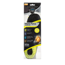 Platinum Series Work Force Insoles in clear, black, and yellow packaging, standing upright. The insoles' black and grey design with the white logo is visible through the packaging, showcasing their durability and comfort features.