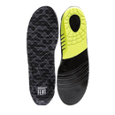 Platinum Series Work Force Insoles in black and grey with a white logo, both outside the packaging. One insole is flipped over to show the bottom, featuring a yellow and black design, highlighting the durability and support of the insoles.