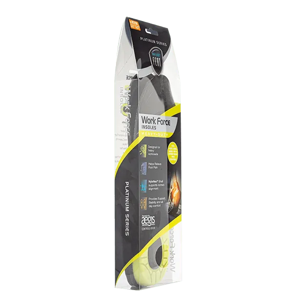 Platinum Series Work Force Insoles in clear, black, and yellow packaging, standing upright at a slight angle. The insoles' black and grey design with the white logo is visible through the packaging, showcasing their durability and comfort features.