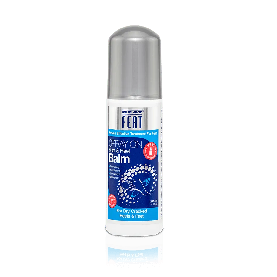 Spray On Foot and Heel Balm tube, designed for easy application to feet and heels. The packaging emphasises its moisturising and soothing properties, with clear product information and a simple, clean design.
