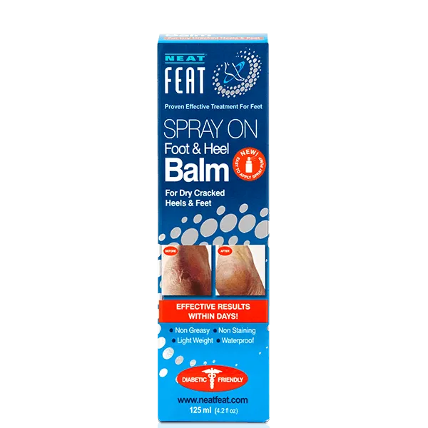 Box of Spray On Foot and Heel Balm, featuring a before-and-after image. The packaging highlights its moisturising and soothing benefits for feet and heels, with clear product information and a clean, simple design.