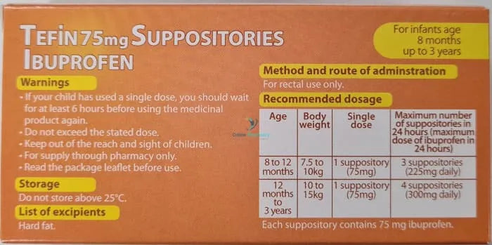 Tefin 75mg Ibuprofen Suppositories - 10 Pack - OnlinePharmacy